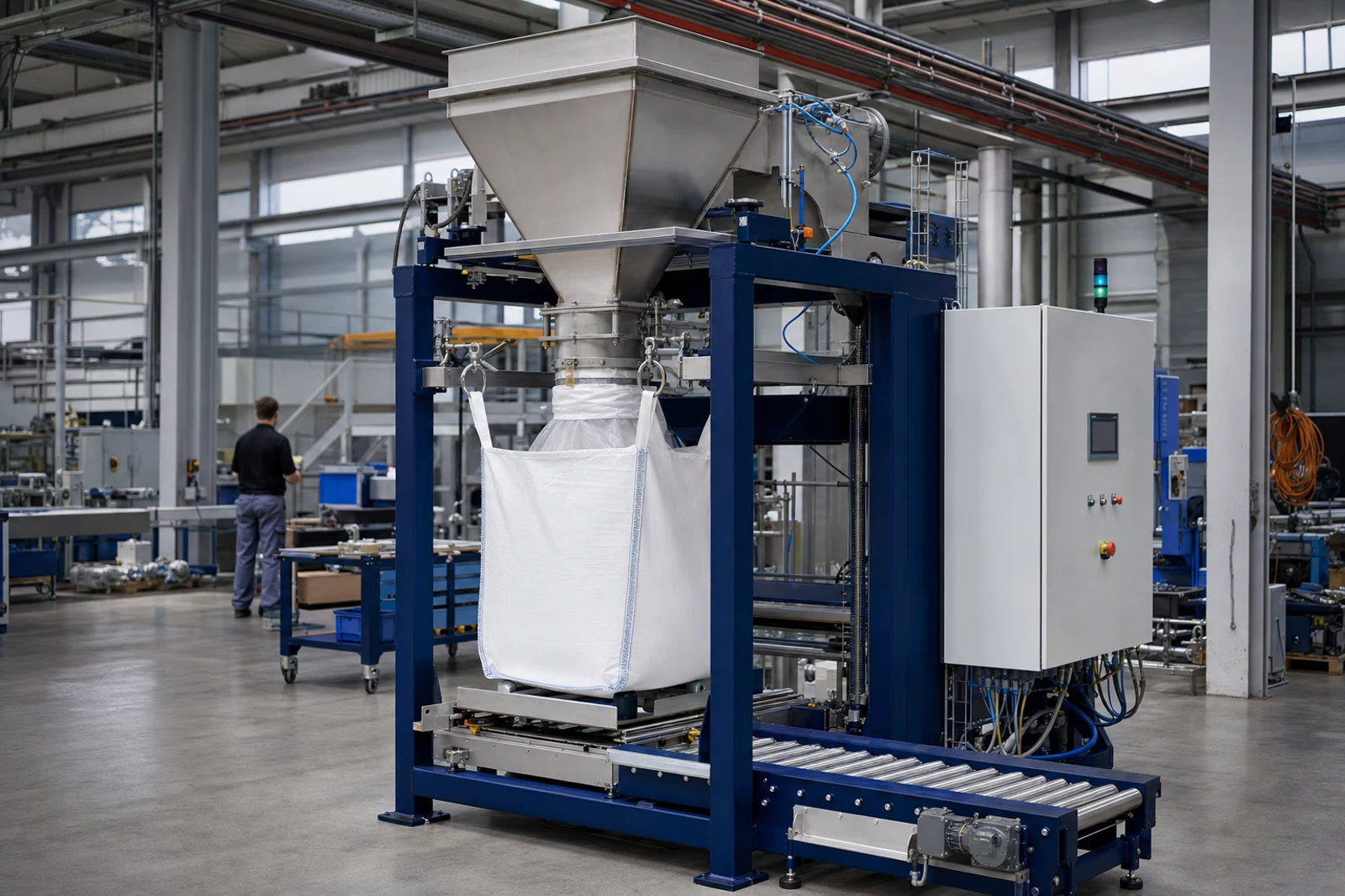 Jumbo bag filling and weighing system in an industrial integration workshop