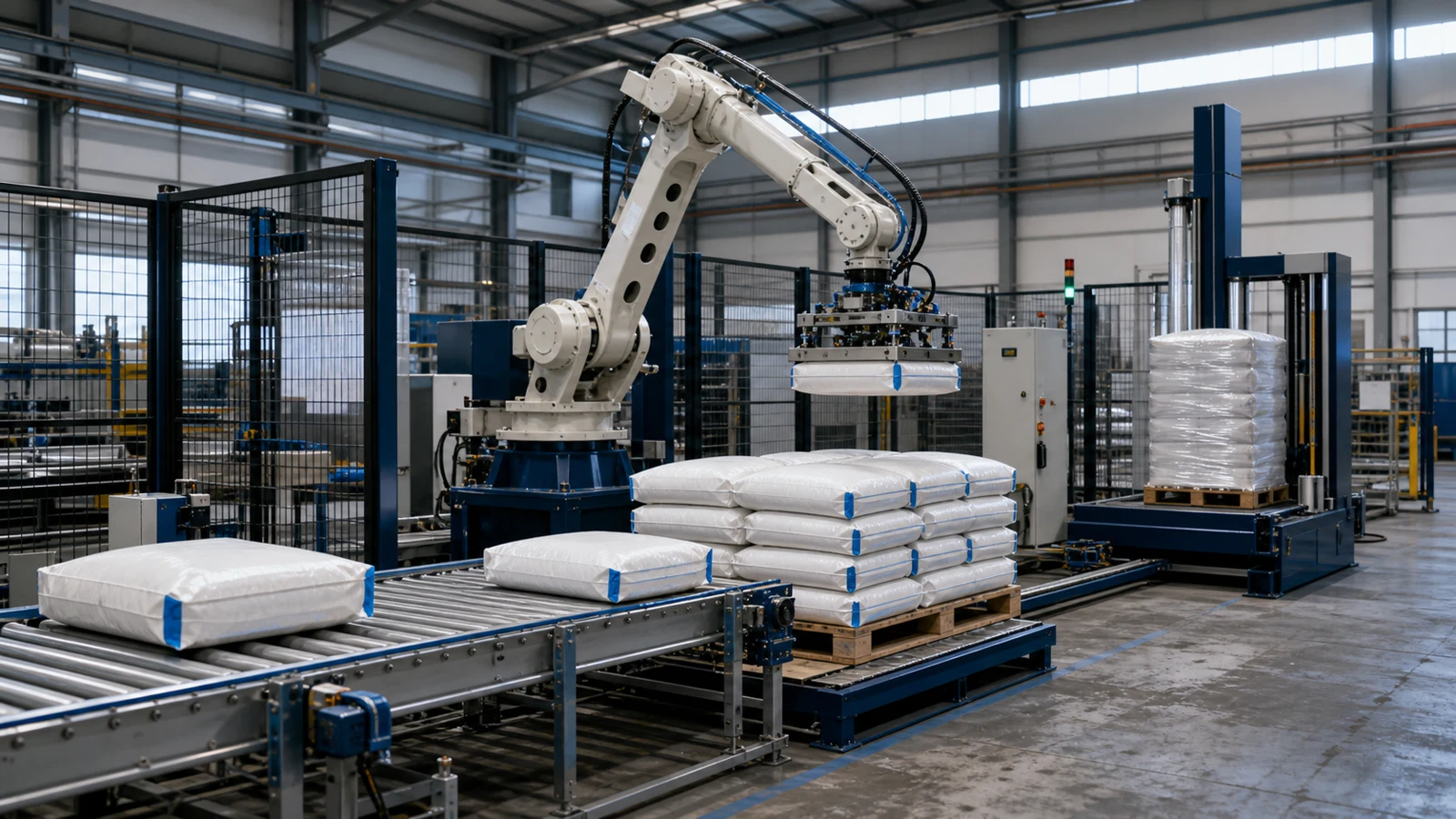 Integrated bag palletizing and stretch-wrapping line in a modern factory