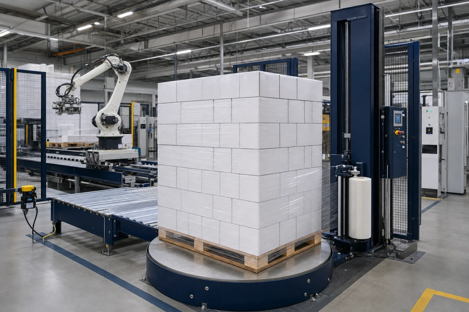 Pallet stretch-wrapping system connected to an automated packaging line