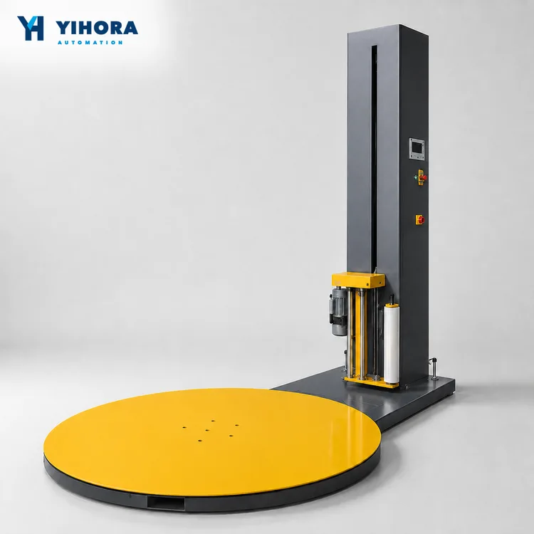 Turntable pallet stretch wrapper with black mast and yellow rotary platform