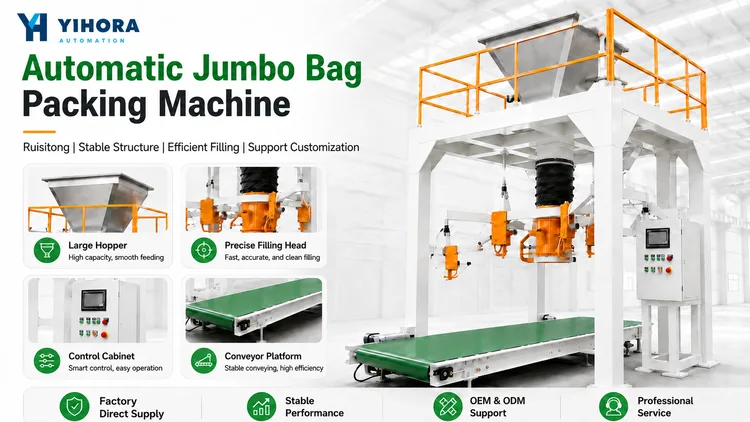 Jumbo bag filling machine overview with component and accessory callouts