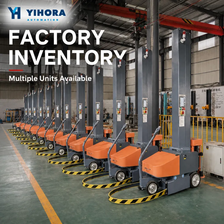 Rows of mobile pallet stretch wrappers inside a workshop