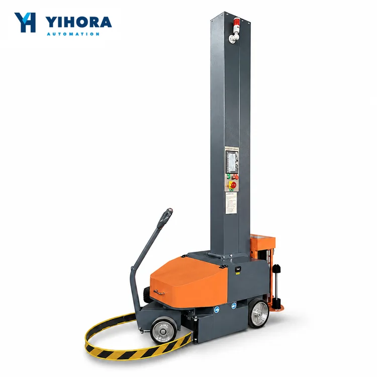 Orange mobile pallet stretch wrapper with powered film carriage
