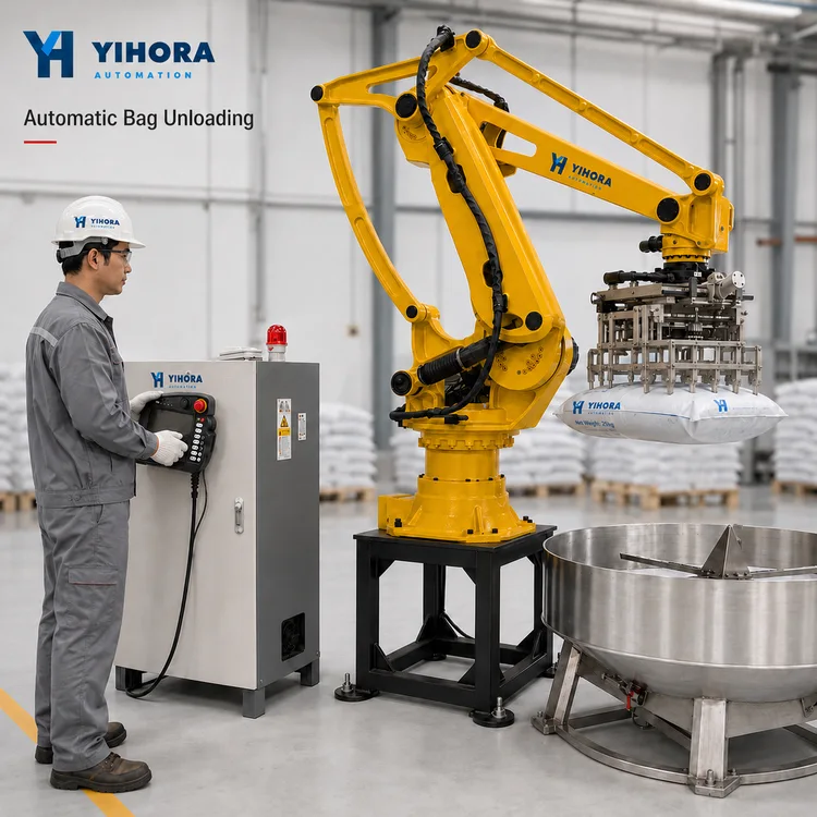Operator using the control cabinet for a robotic bag unloading system