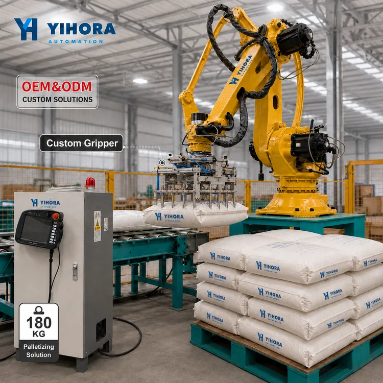 4-axis robotic bag unloading system handling bags with a custom gripper