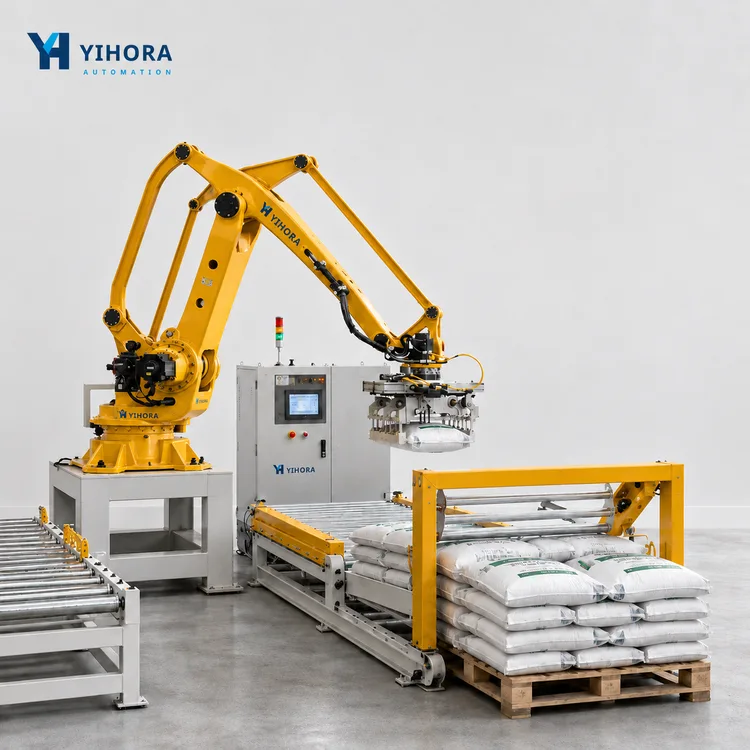 Yellow 4-axis robotic palletizer stacking white bags beside a conveyor