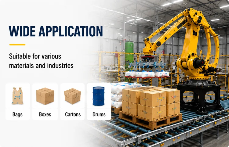 4-axis robotic palletizer application examples for bags, cartons, pails and pallet loads
