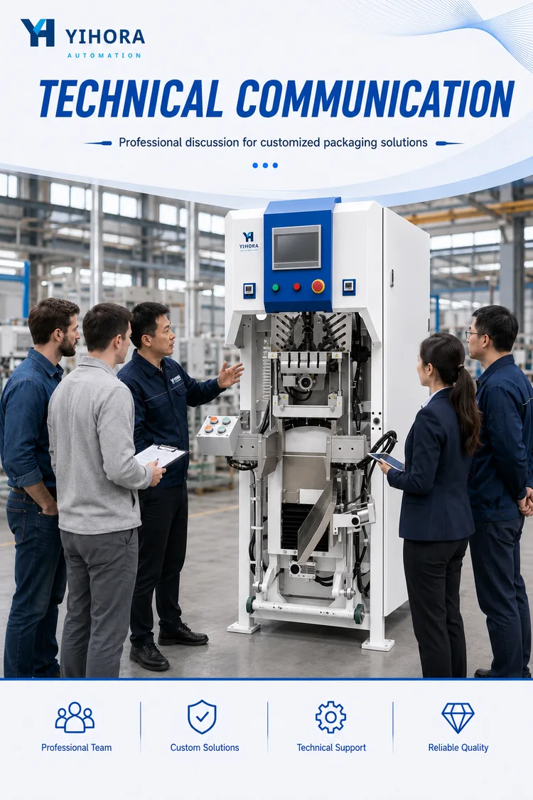 Group discussing an air-flow valve bag packing machine in a workshop