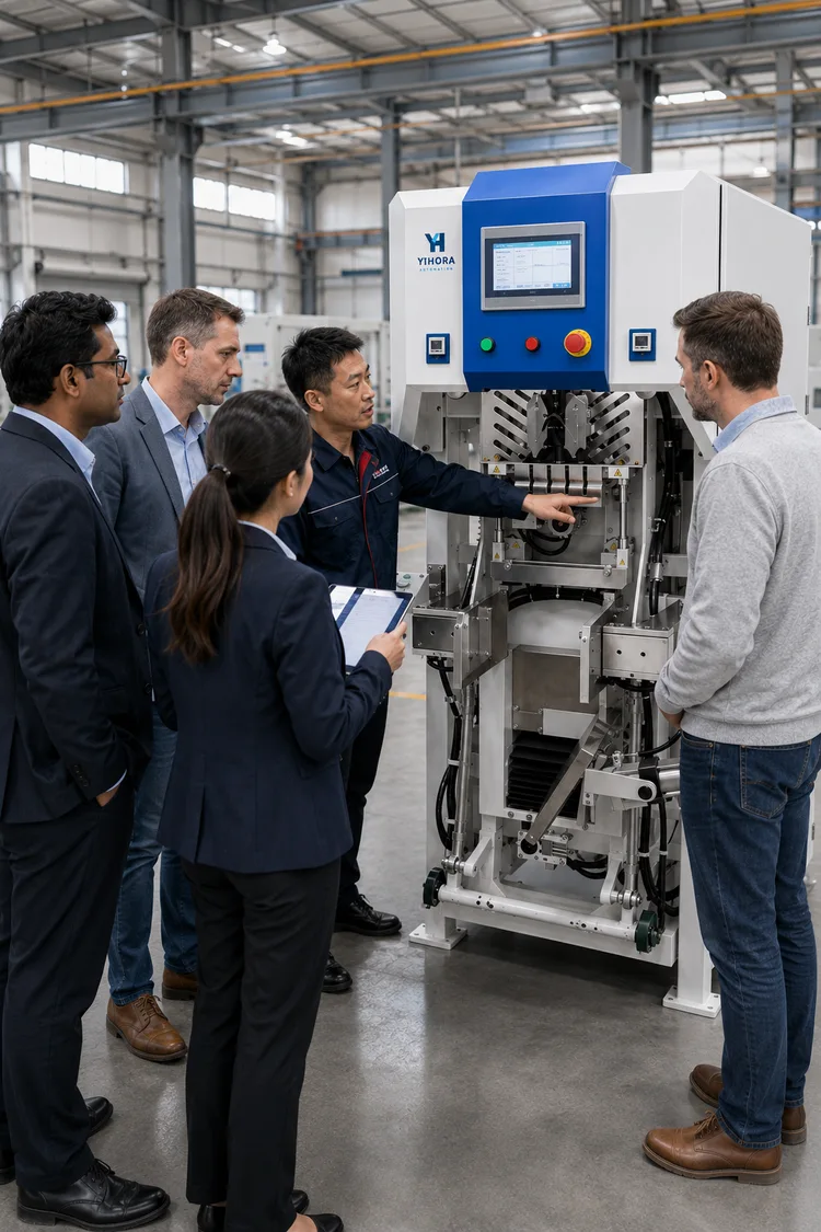Visitors examining the control area of an air-flow valve bag packing machine