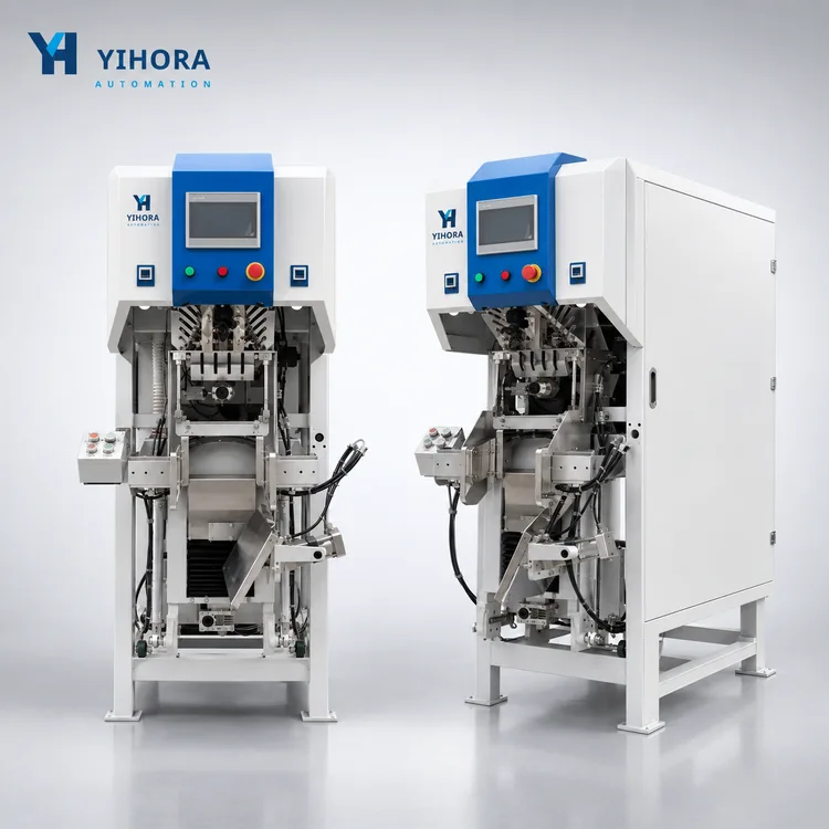 Two views of an air-flow ultrasonic valve bag packing machine