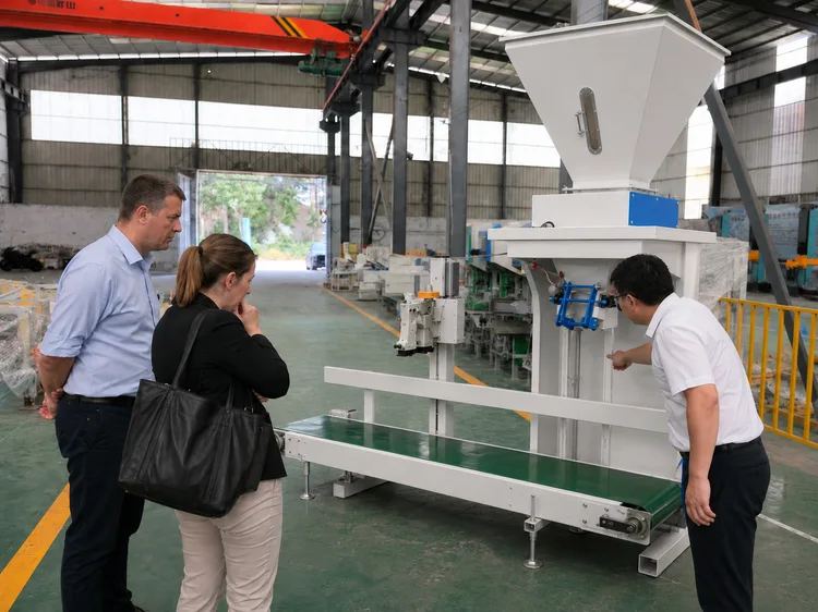 Visitors inspecting an automatic granule bagging machine in a workshop