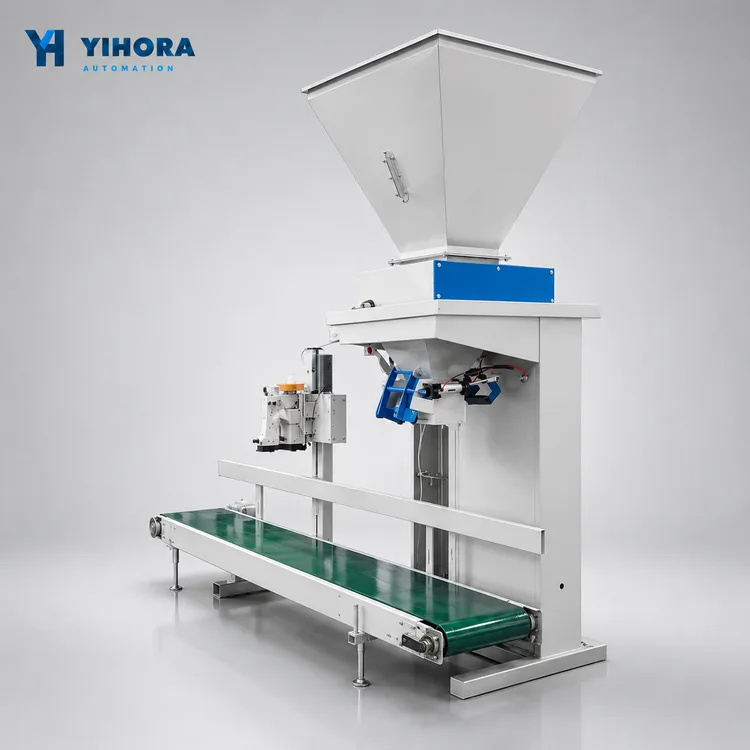 Automatic granule open-mouth bagging machine with hopper, sewing unit and conveyor