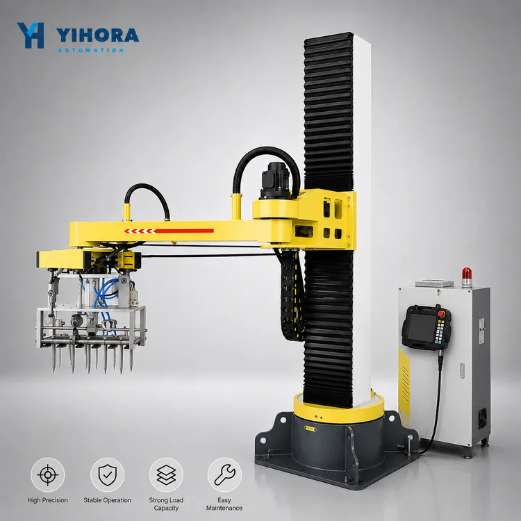 Yellow column-type bag unloading and opening system with lifting mast and gripper