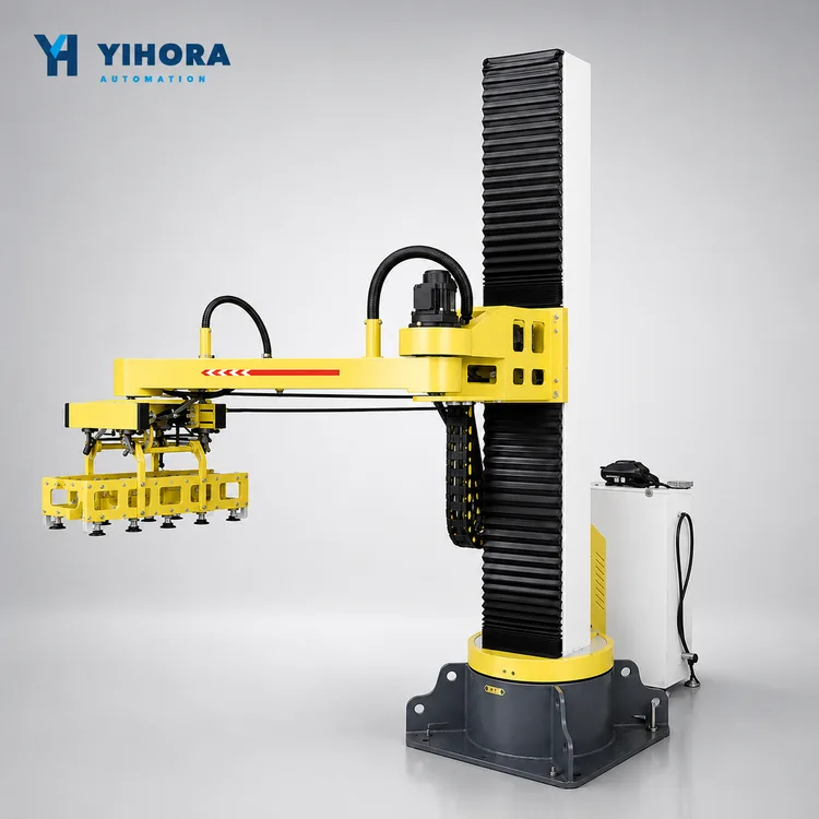 Yellow column-type palletizing robot with vertical mast and multi-cup gripper