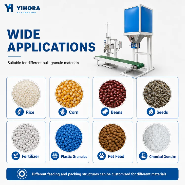 Granule bagging applications for rice, corn, beans, seeds, fertilizer and plastic granules