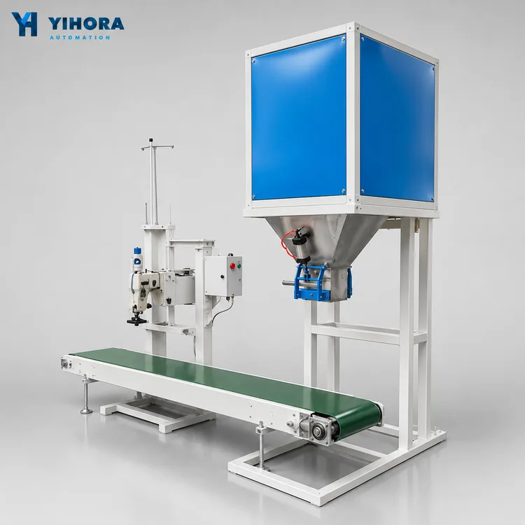 High-precision granule bagging machine with blue enclosed hopper and belt conveyor