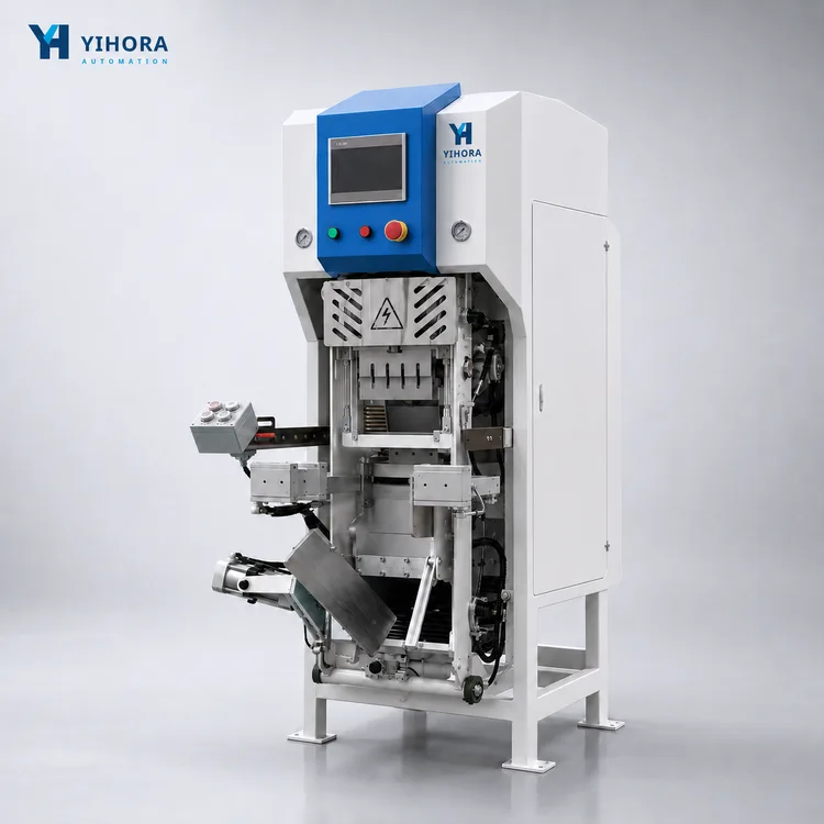 Impeller-type ultrasonic valve bag packing machine in white and blue enclosure