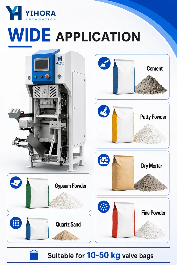 Valve bag packing applications for cement, putty, mortar, gypsum and fine powders