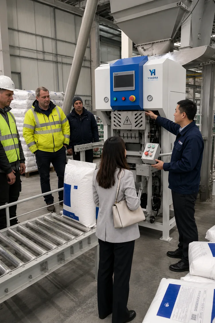 Visitors inspecting an ultrasonic valve bag packing machine in a workshop