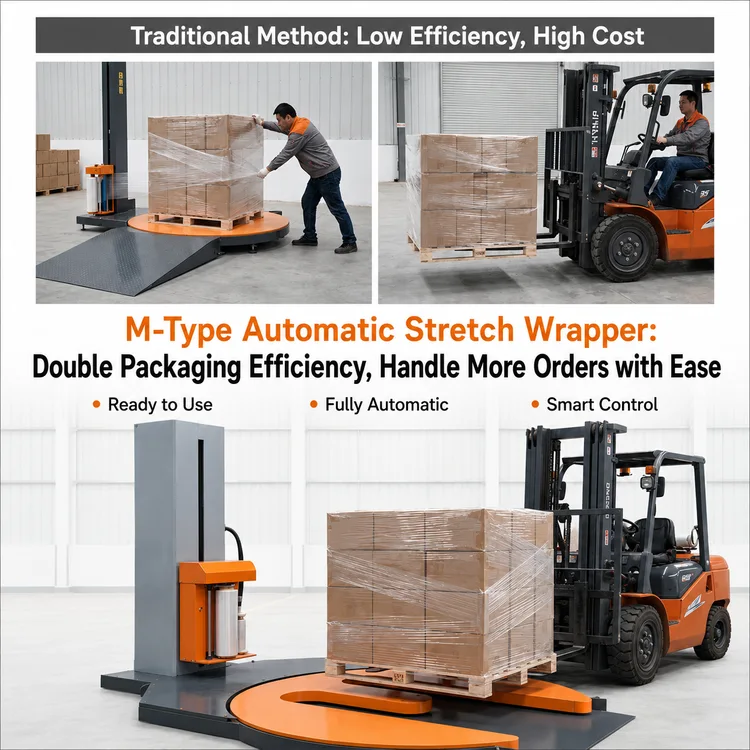 Comparison of conventional pallet handling and M-type automatic pallet wrapping