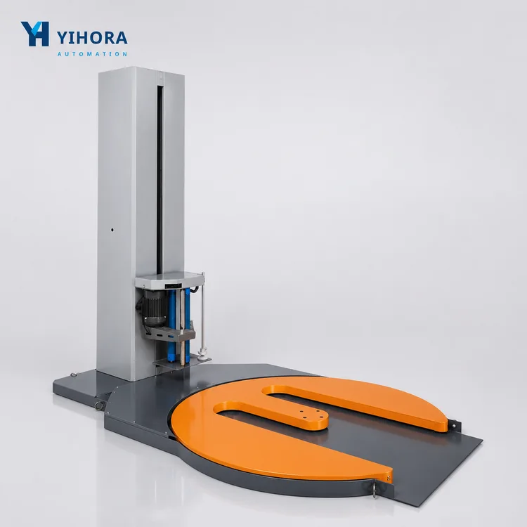 M-type pallet stretch wrapper with orange open turntable and gray mast