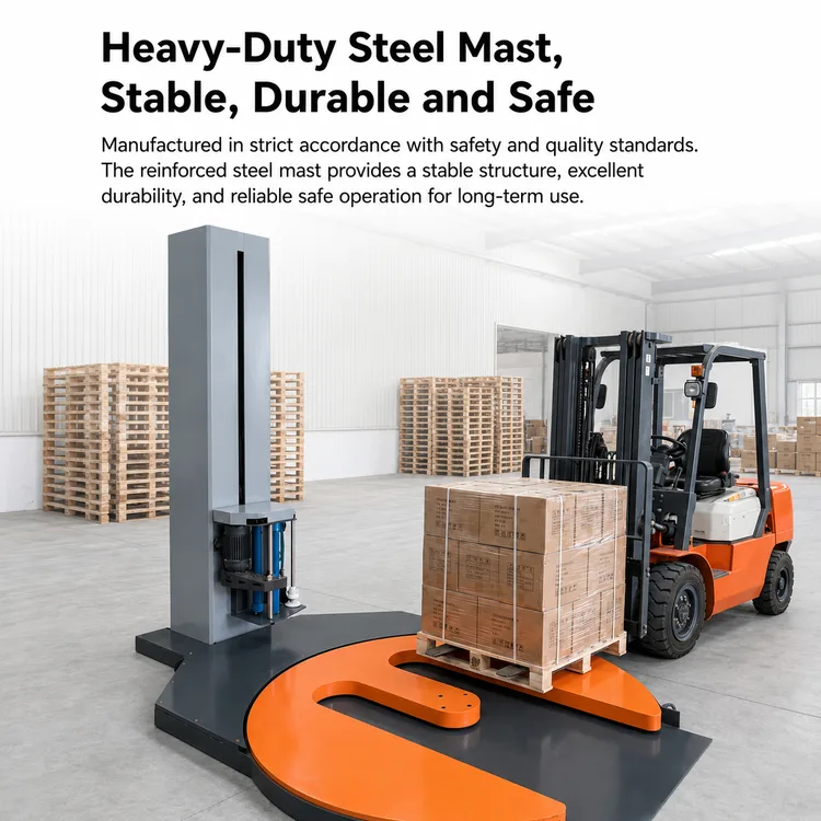 M-type pallet stretch wrapper loaded by forklift with a pallet of cartons