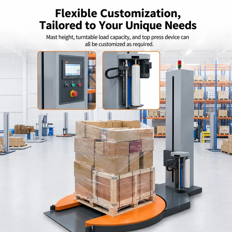M-type pallet stretch wrapper with a wrapped carton load and component callouts