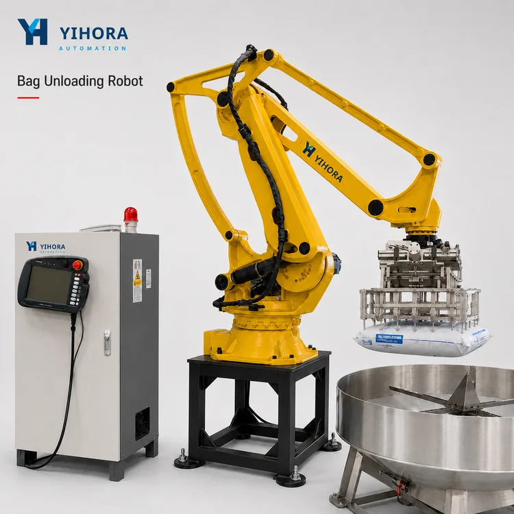 Yellow 4-axis robotic bag unloading system positioned above a circular station