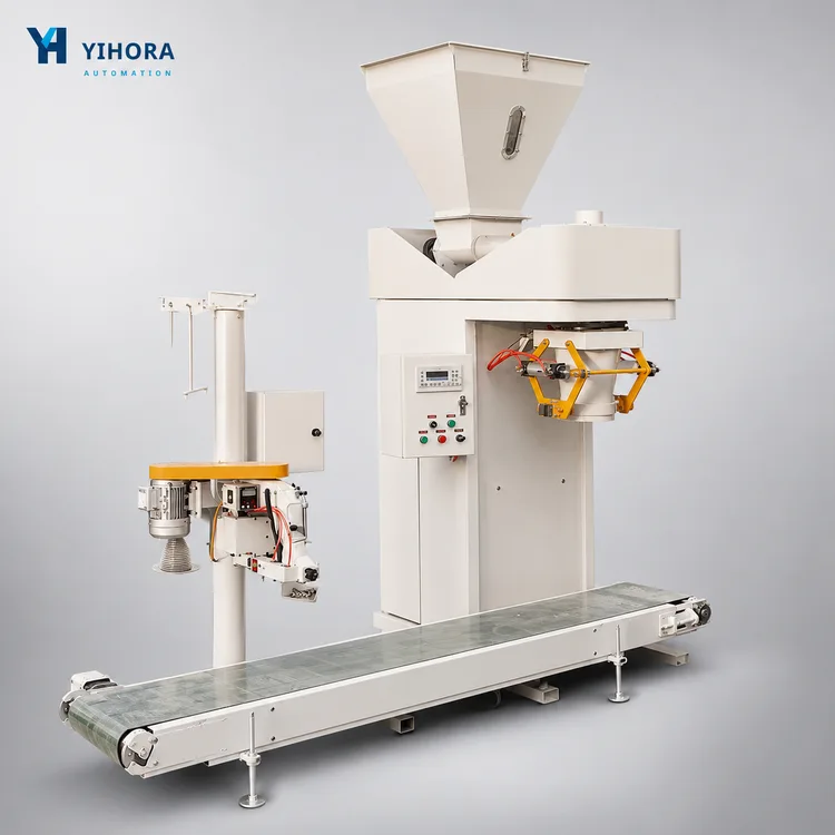 Twin-screw powder open-mouth bagging machine with hopper, sewing unit and conveyor