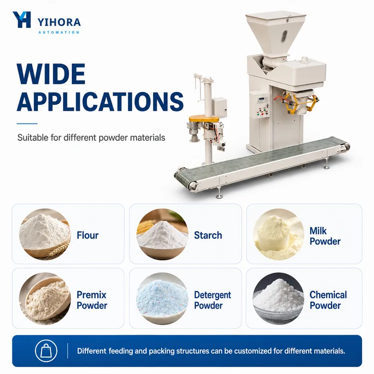 Powder bagging applications for flour, starch, milk powder, premix and detergent powder