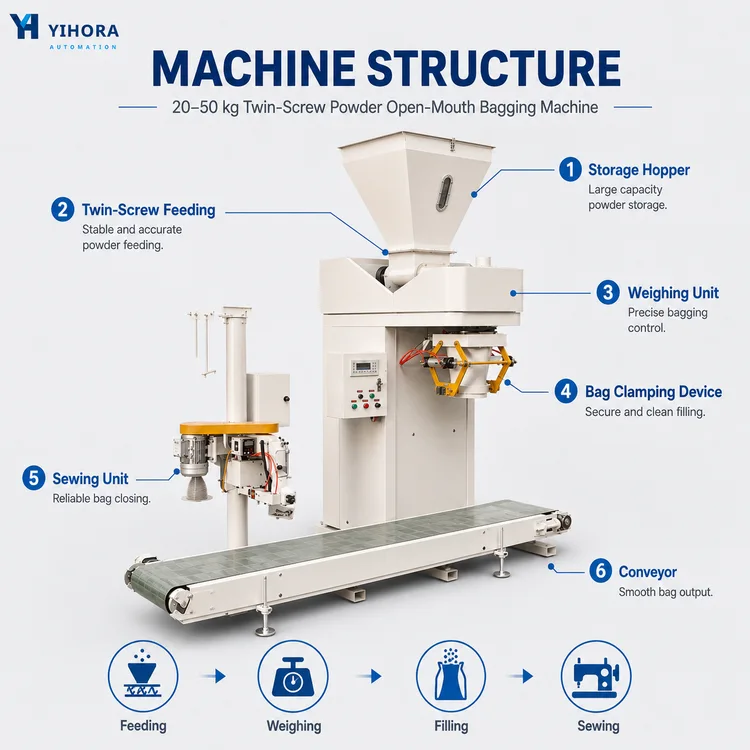 Machine structure panel for a twin-screw powder bagging machine