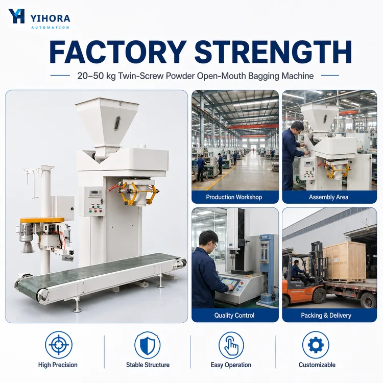 Twin-screw powder bagging machine production and packing photo panel