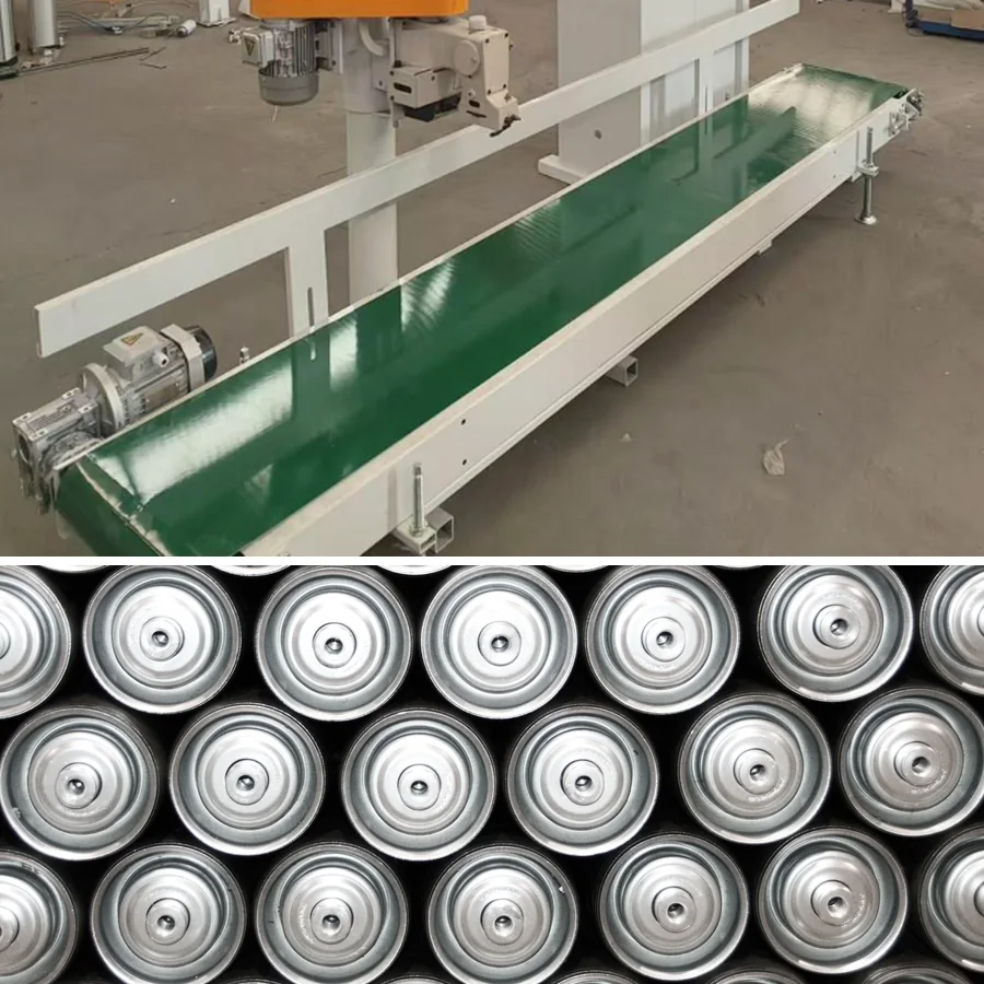 Light-duty packaging conveyor belt with rows of replacement metal rollers