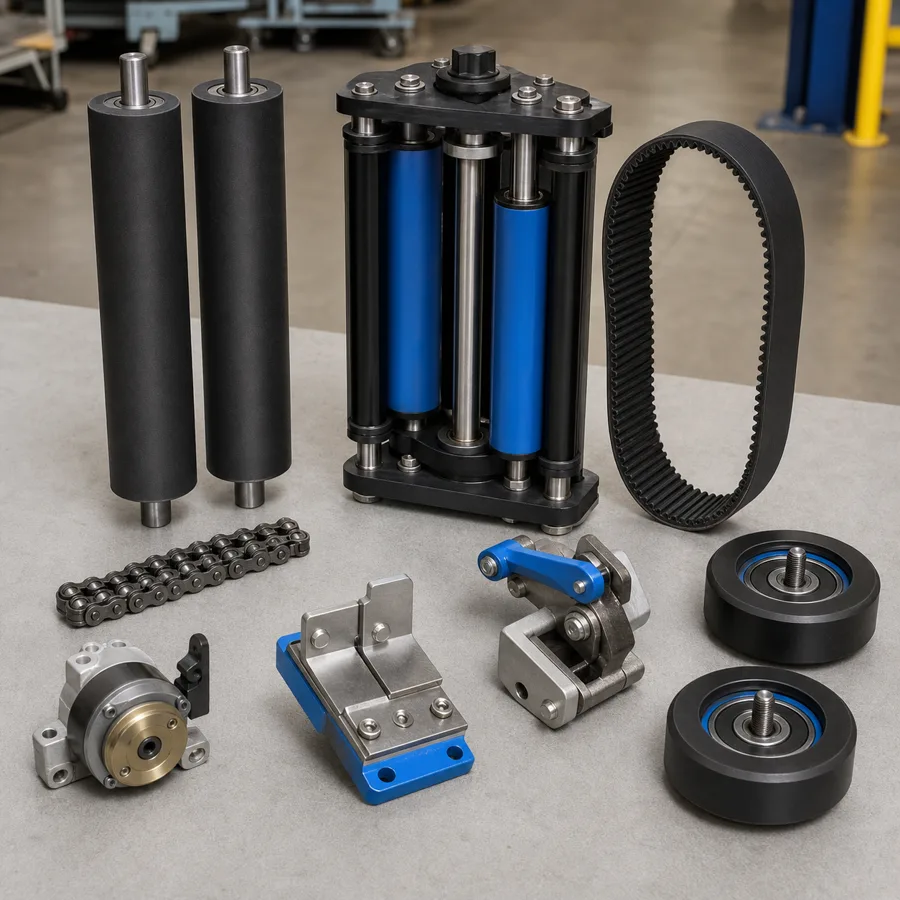 Pre-stretch rollers, film-carriage parts, belt, chain and support wheels for pallet wrappers