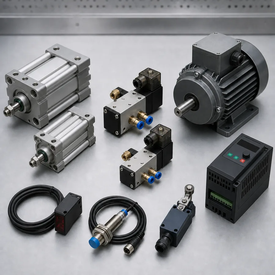 Pneumatic cylinders, solenoid valves, sensors, motor and drive components