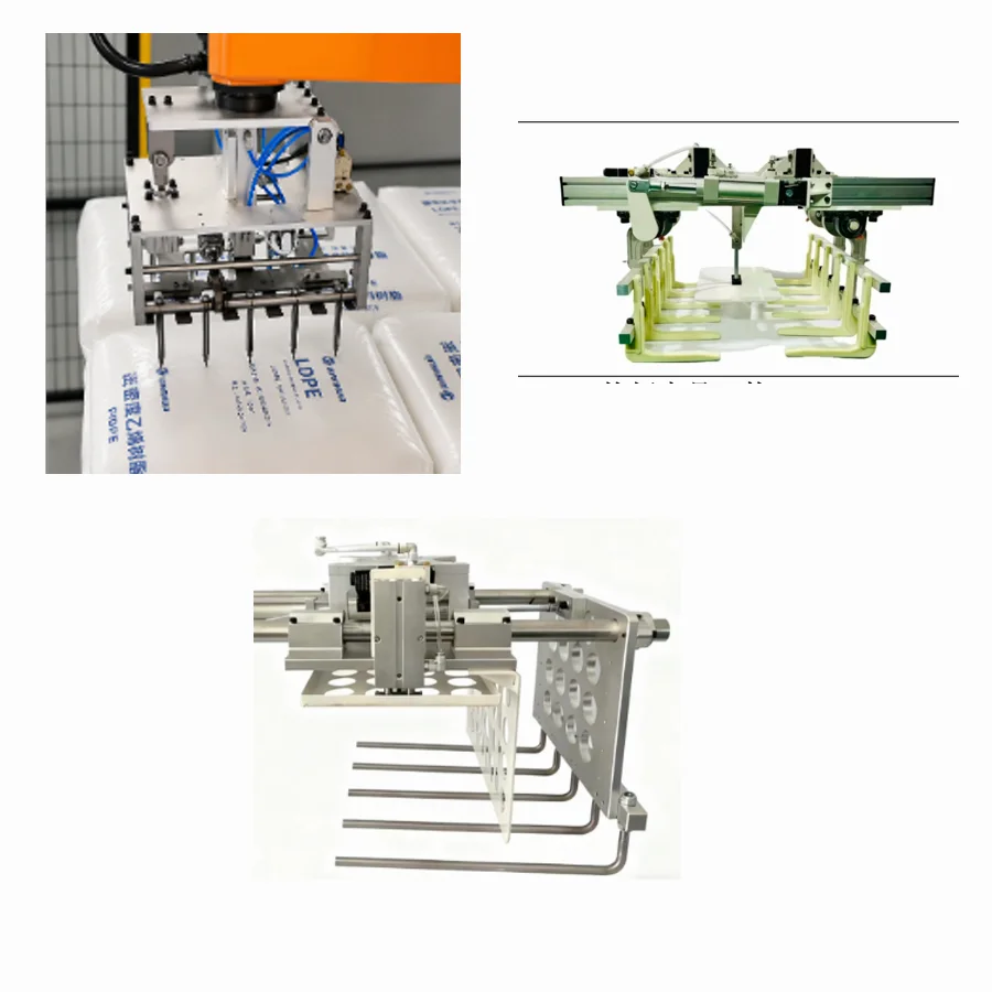 Three mechanical gripper configurations for handling filled bags and packaged loads