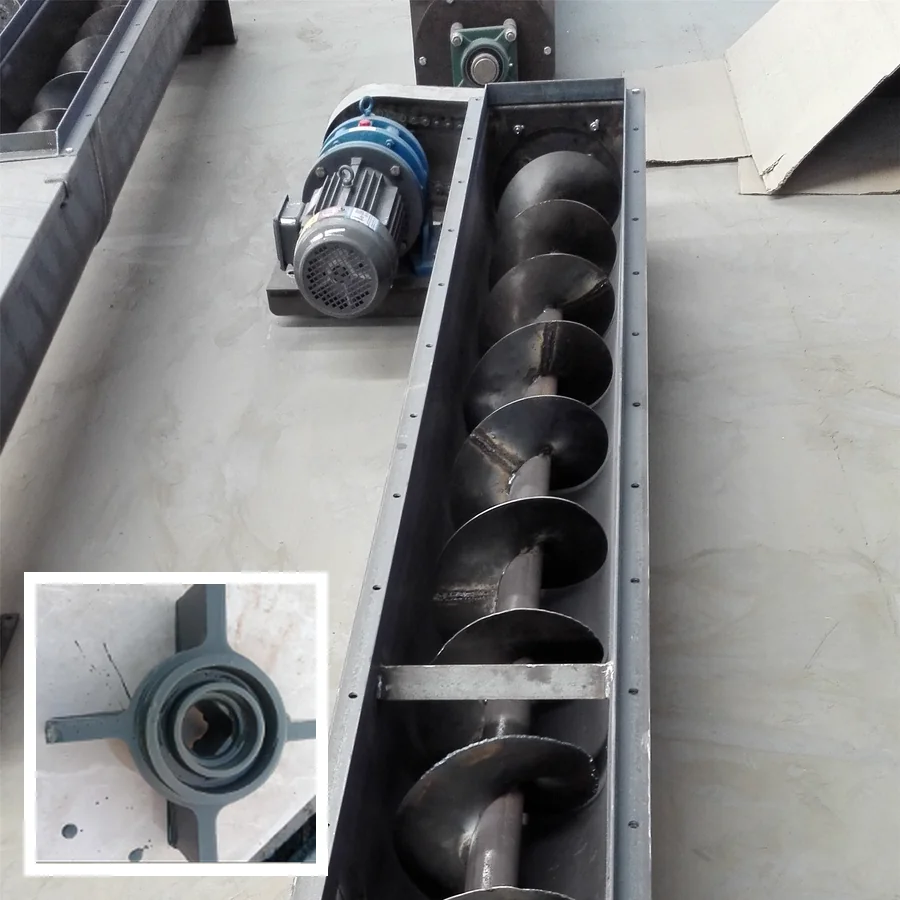 Screw auger feeder with exposed helical flight, drive motor and packaging-machine impeller